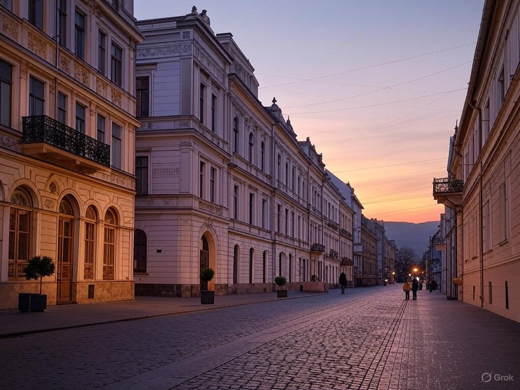 Chernivtsi's urban landscape at dusk